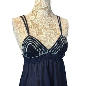Boutique Navy & white long crocheted beach maxi Bohemian sheer dress size small